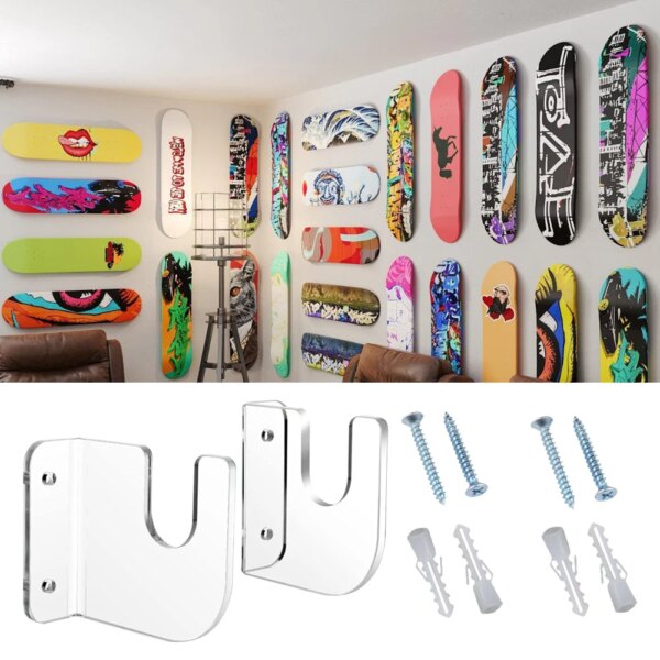 1 Pairs Skateboard Display Rack Acrylic Skate Board Wall Holder Decoration Easy Install Non-slip for Bedroom Store Office