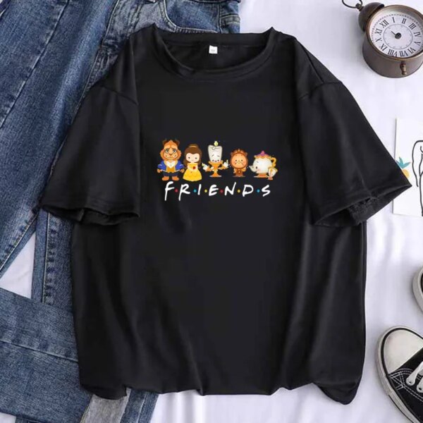 Women Beauty and The Beast Friends T Shirt 2024Casual Kawaii Hipster Cup Tees Top Female Sexy Harajuku Girl Clothes,Drop Ship