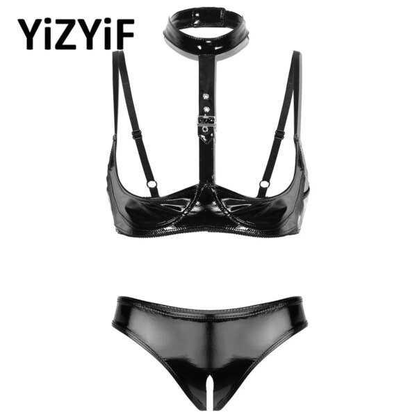 Womens Patent Leather Lingerie Set Black Buckle Halter Wetlook Latex Wire-free Open Cup Bra Top Exposed Breasts Bralette