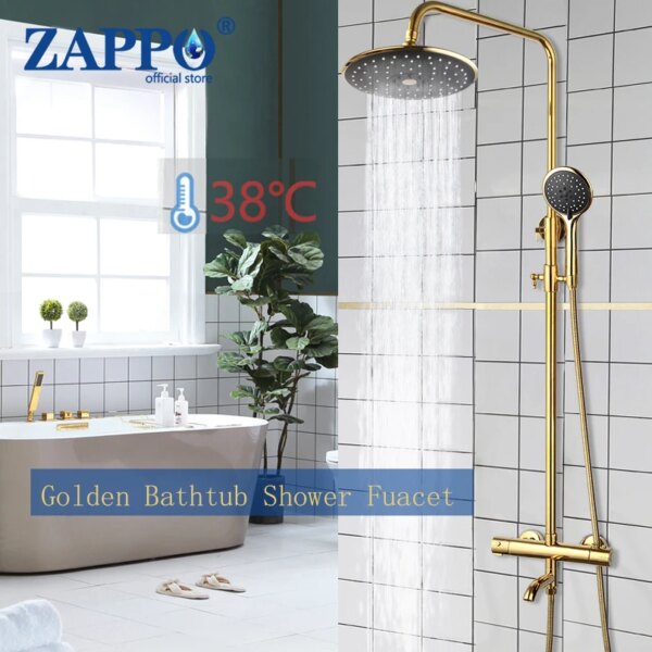 ZAPPO Thermostatic Shower Set Rain Shower Faucet Hot and Cold Golden Shower Faucets Bathtub Thermostatic Hand Spray Mixer