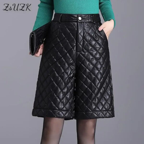 ZUZK Black PU Leather Thick Bermuda Shorts For Women Winter Warm Long Shorts Motorcycle Punk High Waist Bermuda Femme