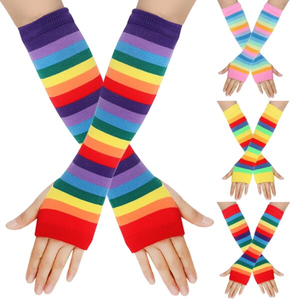 1 Pair Women Rainbow Striped Elbow Gloves Long Fingerless Gloves Striped Knitted Elbow Mittens Cotton Wrist Sleeves Arm Warmer